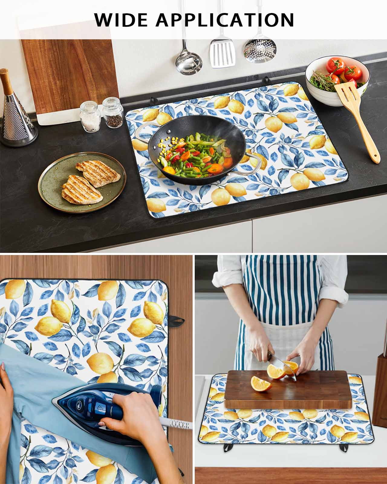 nqOlkjepod Large Induction Cooktop Protector Mat 24"x21", Lemon Leaf Stove Top Covers for Electric Stove, Yellow Fruit Blue Botanical Plant Summer Stove Burner Cover Mats, Glass Top Stove Cover