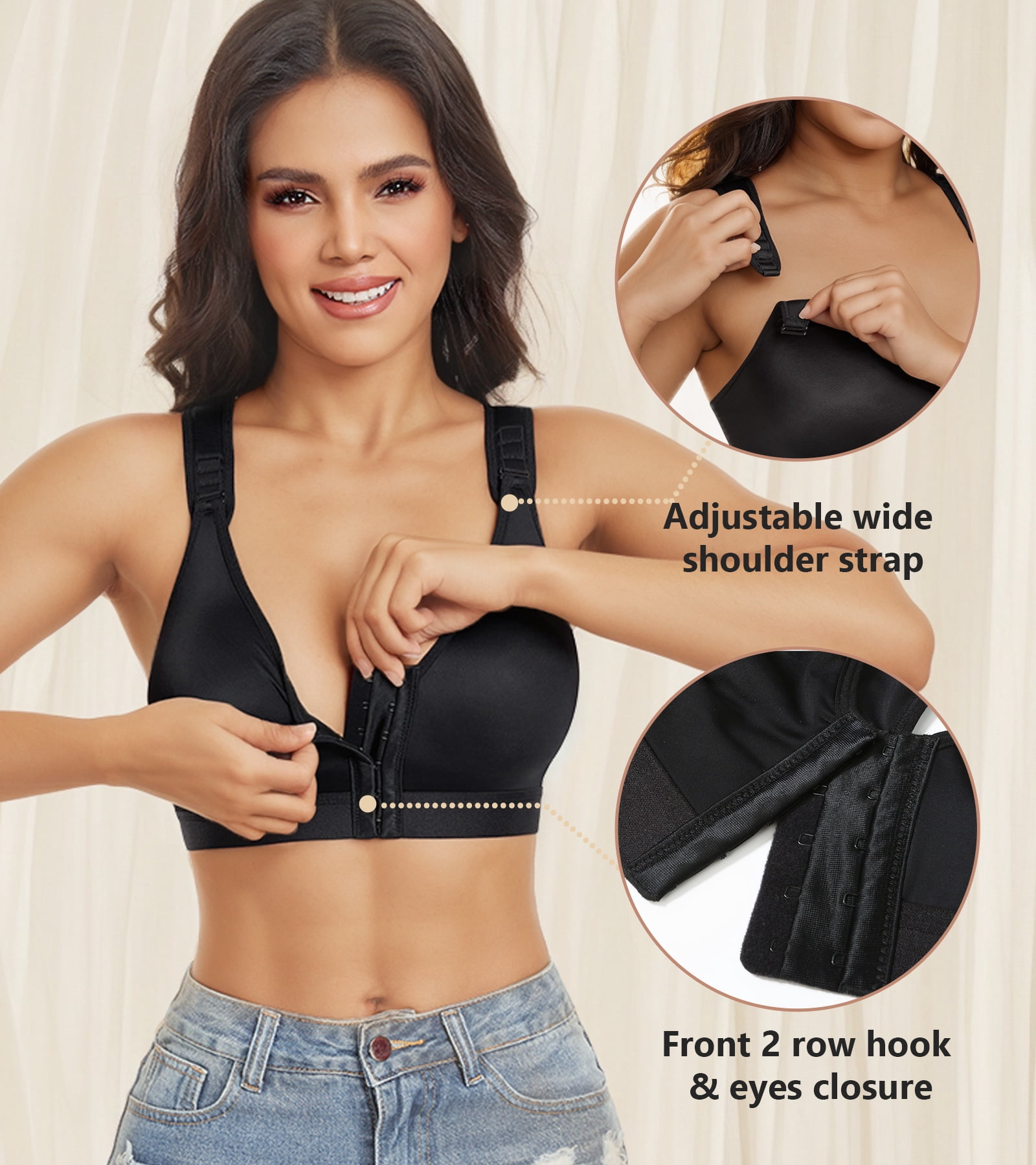 Exerin Women's Post Surgery Front Closure Wireless Non Padded Adjustable Wide Strap Bra(40D/DD,Black)