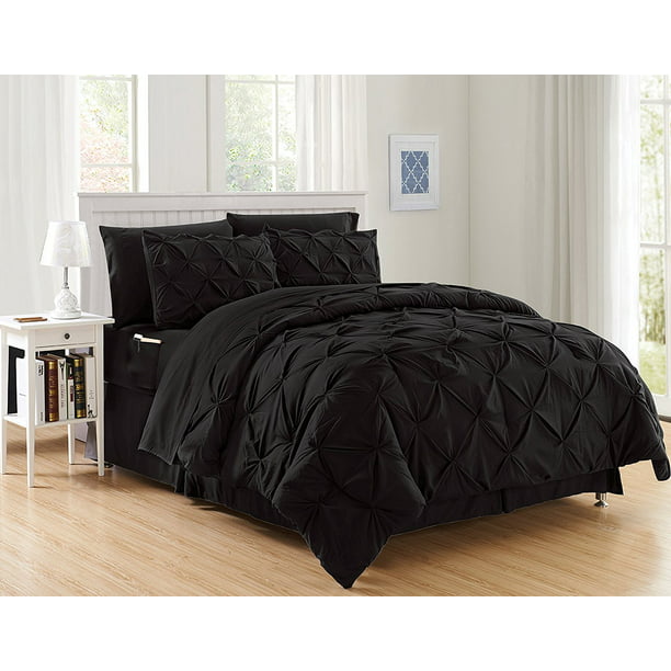 8 Piece Comforter Set Bag Pintuck, Black Twin Size Bed Sheets