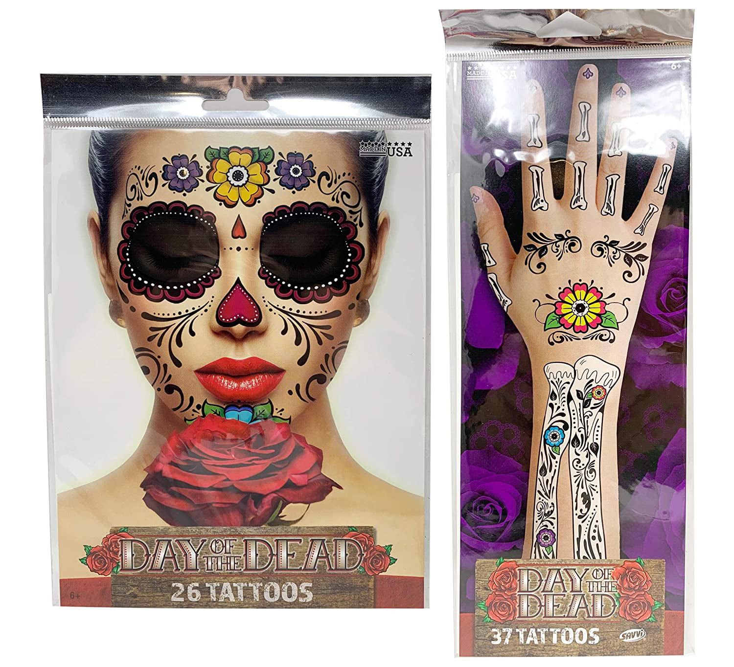 DaLin 9 Sheets Floral Day of the Dead Sugar Skull Temporary Face Tattoo Kit  for Halloween