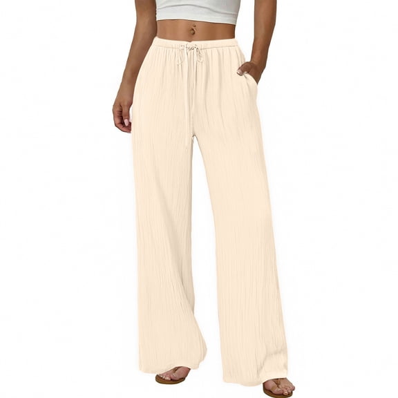 ClodeEU Women's Elastic Waist Wide Leg Pants,Casual Loose Fit Lounge Trousers with Pockets Beige,Women's Plus L