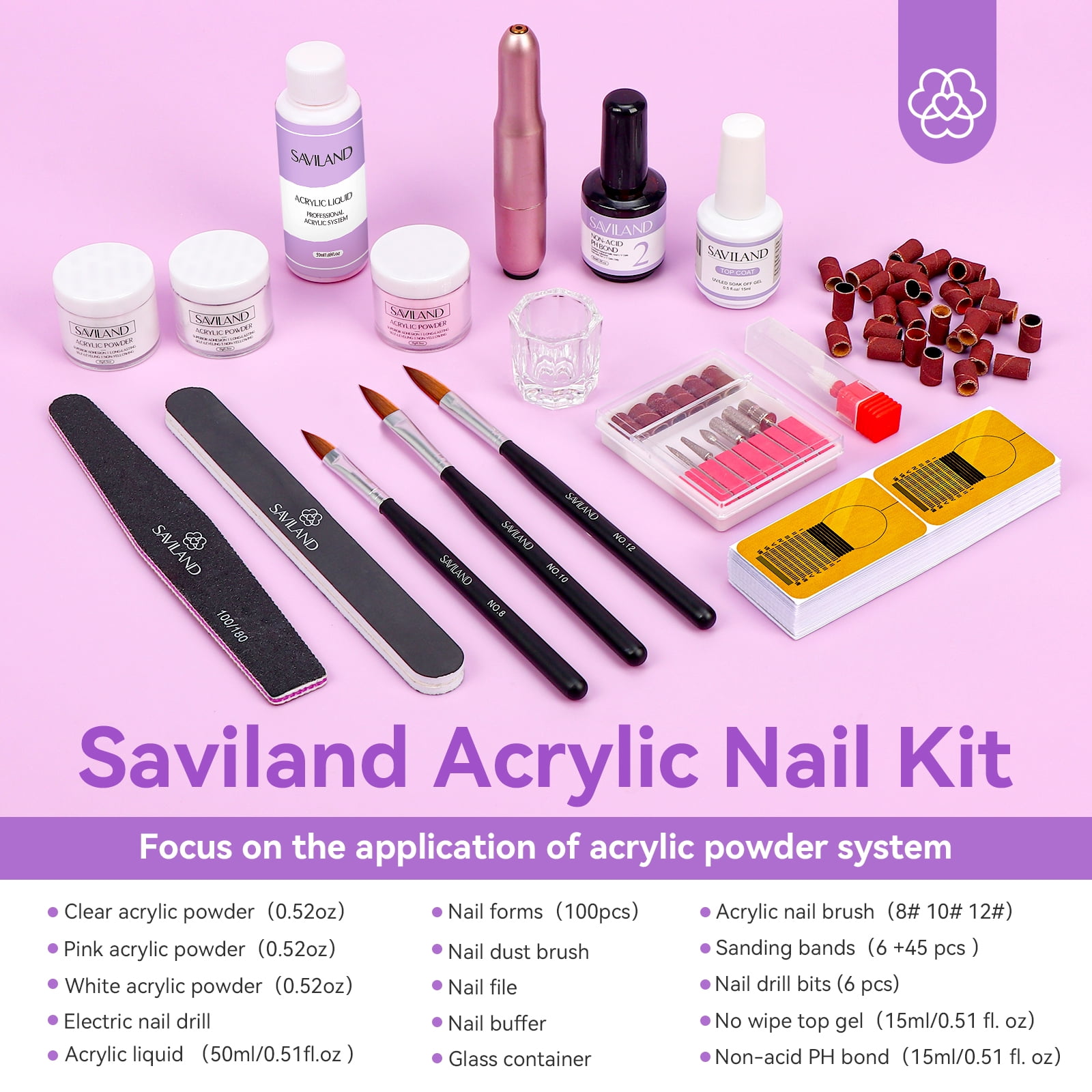 Saviland Acrylic Nail Kit Complete Set with Drill - White/Pink/Clear Acrylic Powder and Acrylic Liquid Set with Acrylic Nail Brush, Electric Nail Drill, Acid-Free Primer and Top Coat with Everything