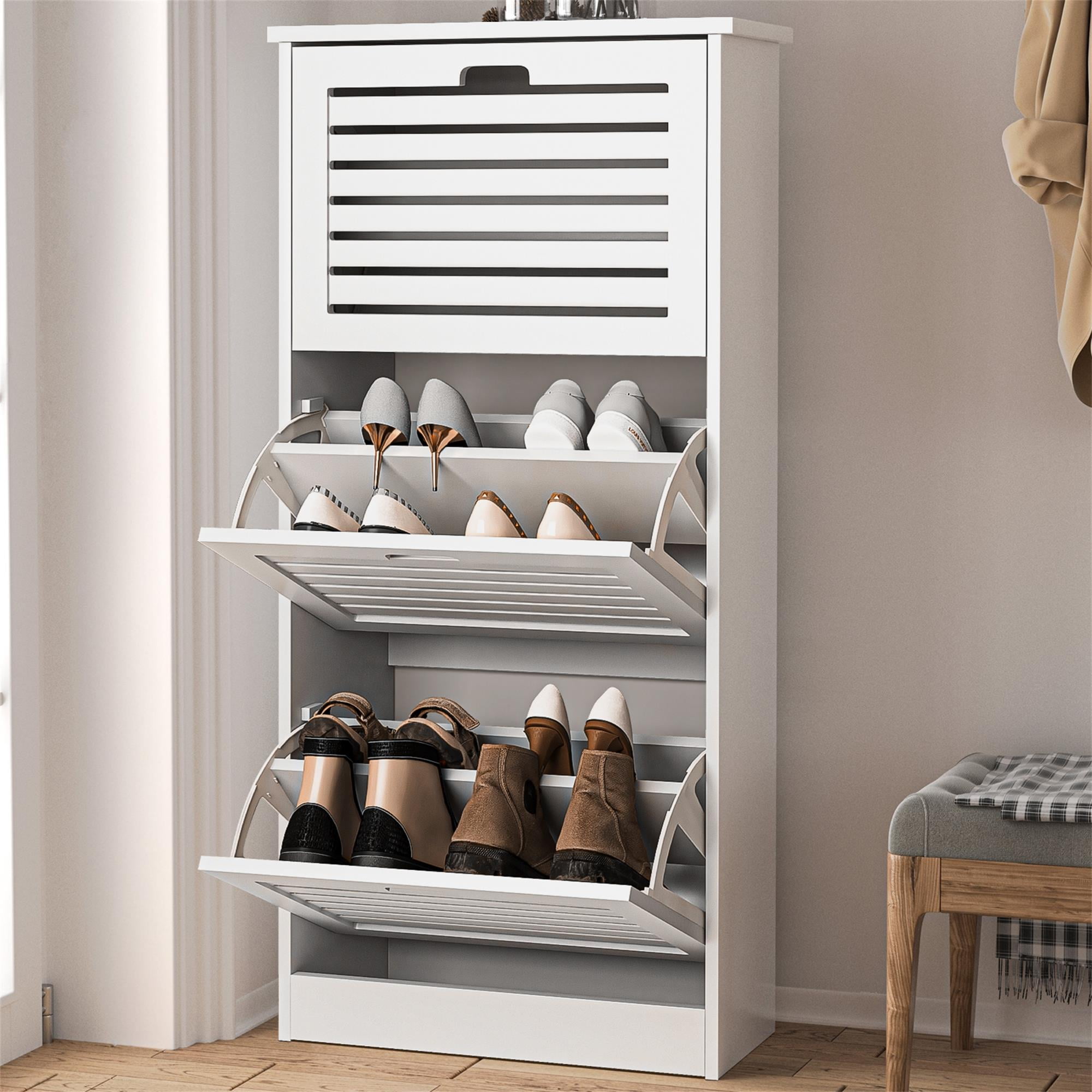 Kadyn Shoe Cabinet, Freestanding Shoe Rack Storage Organizer for Entryway with 3 Flip Drawers, White Wooden Entryway Shoe Storage Organizer Kadyn Shoe Cabinet, Freestanding Shoe Rack Storage Organizer for Entryway with 3 Flip Drawers, White Wooden Entryway Shoe Storage Organizer