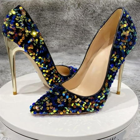 

2021 New Arrivals Sale Blue Bling Sequins Women Sexy Extremely High Heels Pointed Toe Slip On Stiletto Chic Pumps Ladies Party Wedding Shoes Express Shipping Included