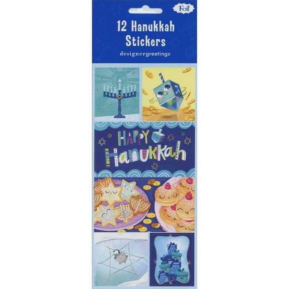 Designer Greetings Menorah, Dreidel, Cookies, Donuts, Penguin and Presents Package of 12 Hanukkah Stickers