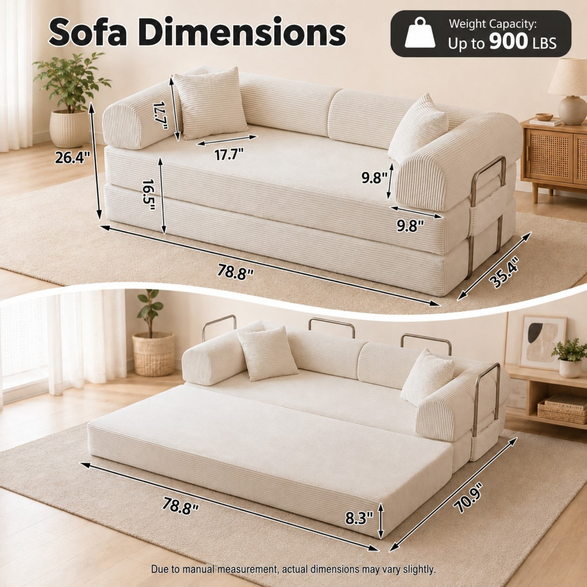 DEALTOPS 79" Convertible Corduroy Floor Sofa Bed, Modular Sleeper Couch with Memory Foam, Beige