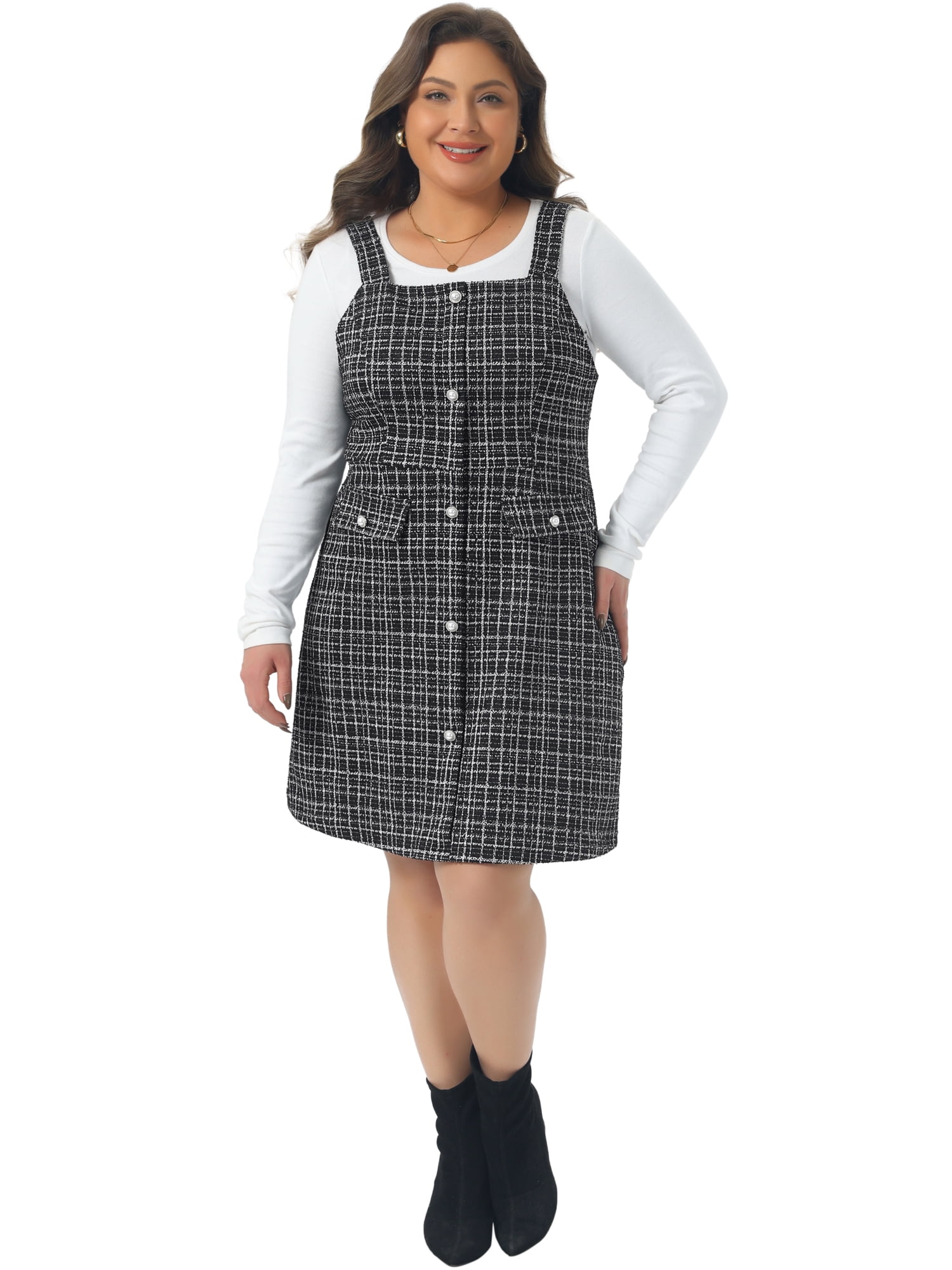 DARING DIVA Plus Size High Waist Tweed Single Breasted Overall Dress 1X Black White