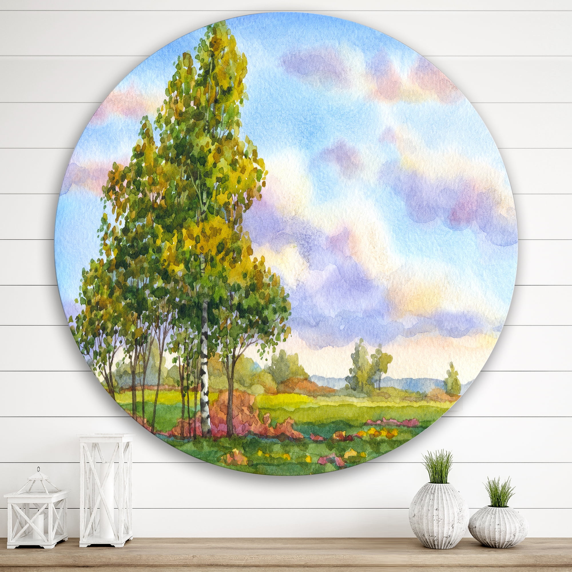 Designart 'The Trees In The Evening Landscape Field ' Traditional Circle Metal Wall Art 36x36 - Disc of 36