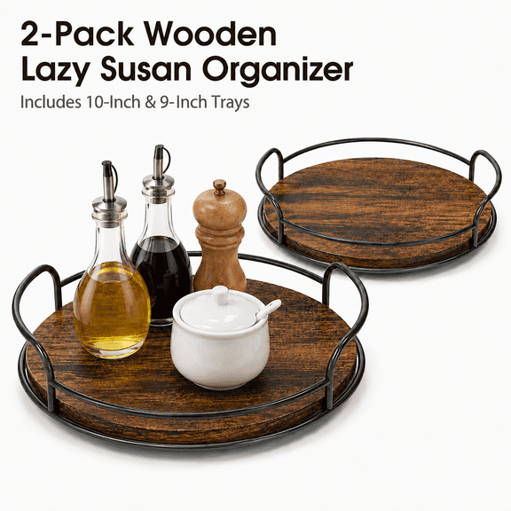 VALUNE 2 Pack Wooden Lazy Susan Turntable Organizer 9" & 10", Rotating Storage for Kitchen Cabinet Pantry Countertop Bathroom Vanity & Spice Rack