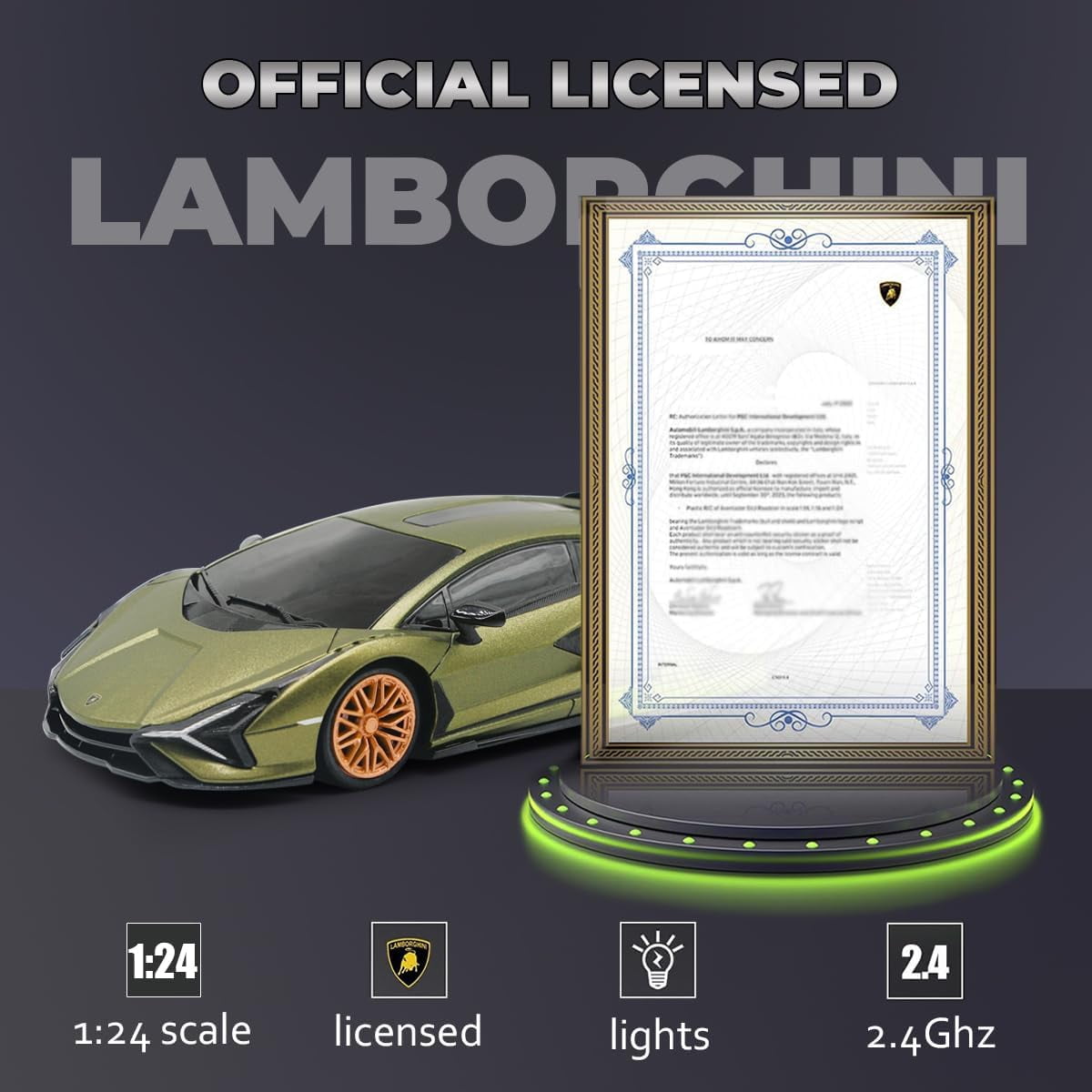 Qun Xing Remote Control Car 1:24 Lamborghini Officially Licensed 2.4GHZ for Kids Gift, Green
