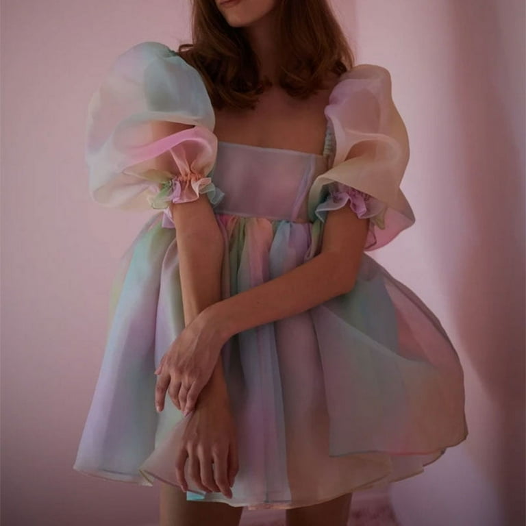 Summer Women Puff Sleeve Tulle Tutu Princess Mini Dress