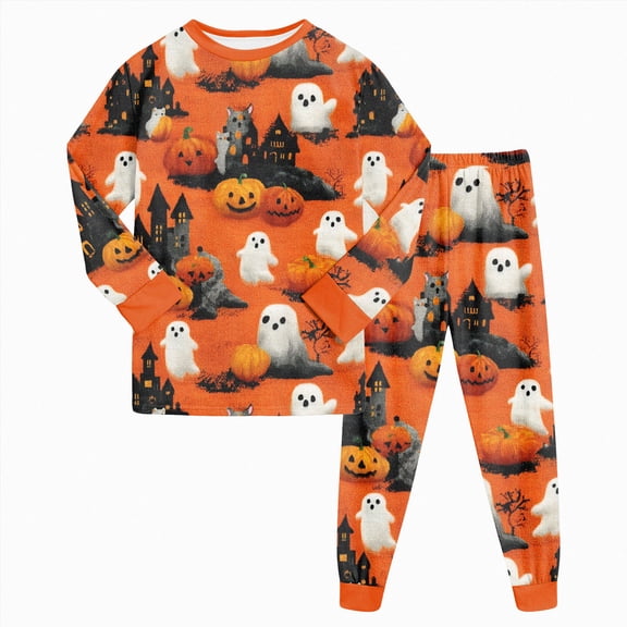 TOWED22 Toddler Halloween Pajamas Boys Girls Baby Pumpkin Ghost Graphic Pjs Sets Kids Snug fit 2pcs Long-Sleeve Sleepwear