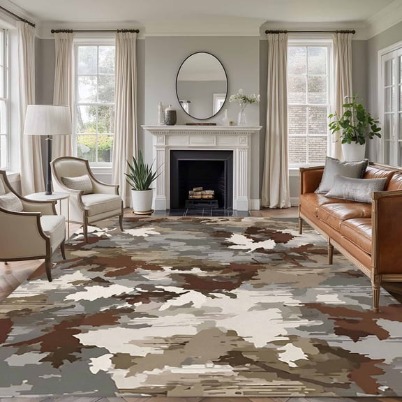 Rectangle Area Rugs 5 x 7 Ft, Brown Beige Abstract Art Non-Slip Residential Carpet, Farmhouse Color Shabby Indoor Crawling Mats Runner Rugs for Living Room/Dining Room/Bedroom