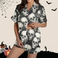 thumbnail image 2 of SwiftWear Women's Halloween Ghost Print Pajama Set - Cute Spooky Sleepwear & Loungewear, Short Sleeve Button-Down Top with Comfort Shorts Gray, 2 of 8