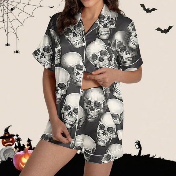 Karight Halloween Pajamas Women 2025 Satin Silk Button Up Shirt And Shorts Pjs Sets 2 Piece Loungewear Sets Soft Sleepwear