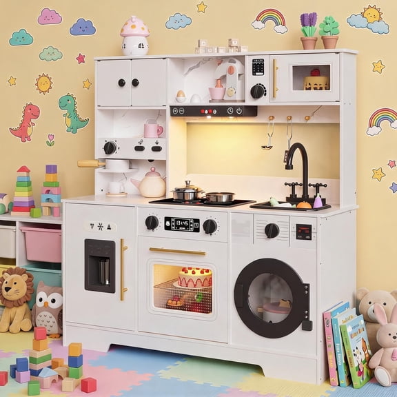 8-in-1 Wooden Play Kitchen Set for Kids Featuring Lights & Sounds, Coffee Maker, Stove/Basin/Oven/Microwave- Pretend Cooking Toy Ages 3