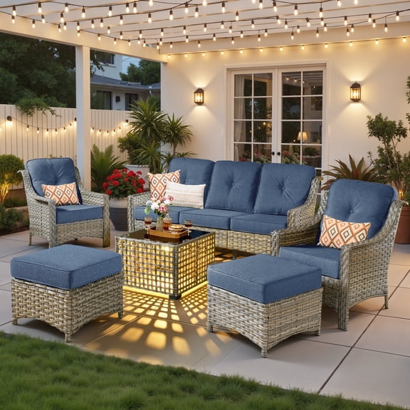 Ovios 6 Pieces Outdoor Furniture Set High Back All-Weather Wicker Patio Conversation Set with Ottomans & Solar Light Coffee Table, Denim Blue