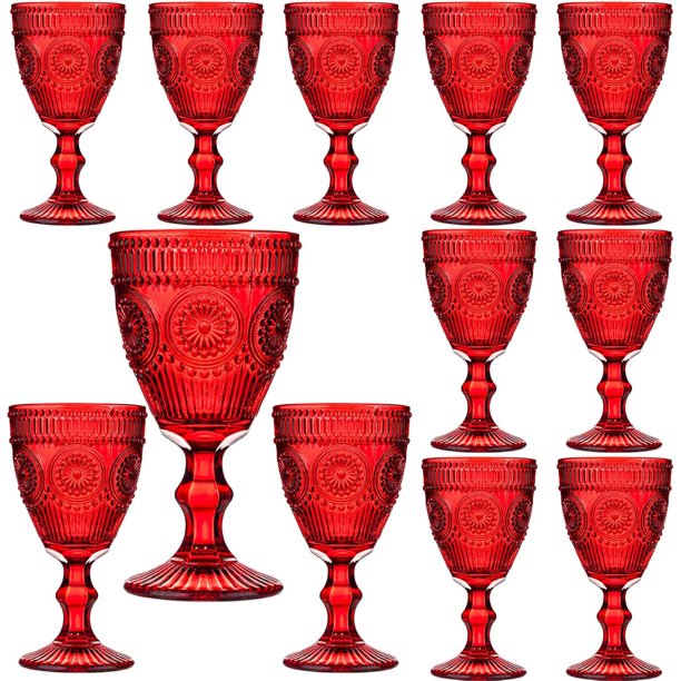 Juego de 12 copas de vino clásico de color rojo, copas de agua de vidrio de 10 onzas, patrón floral único en relieve, cristalería de tallo alto transparente, copas de bebida para boda, fiesta, bar