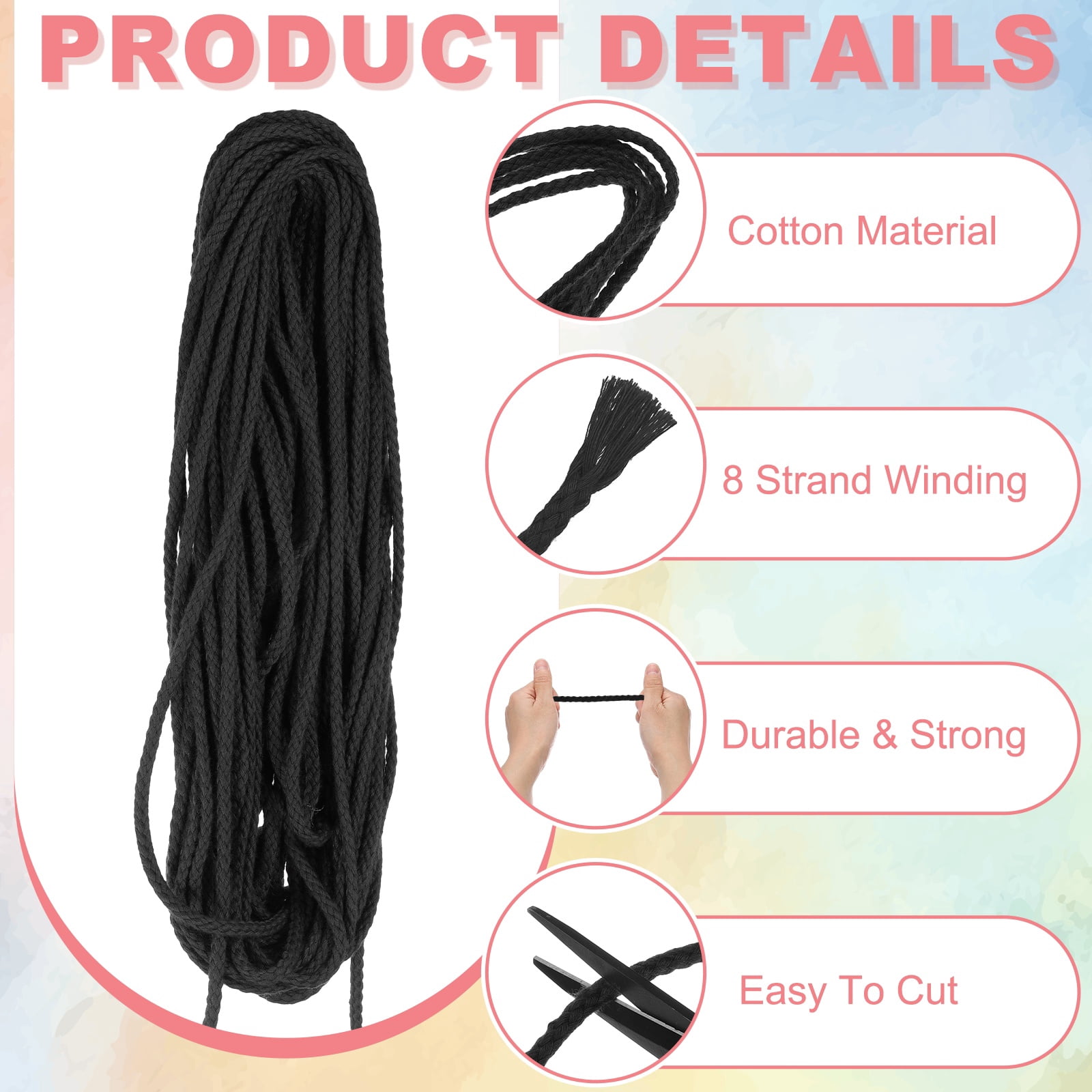 Braided Macrame Cord, 3/16" x 164ft 8 Strand Cotton Rope Braided String with Cord End Caps for Drawstring, Plant Hanger Wall Hanging, Dream Catcher Crafts, Black