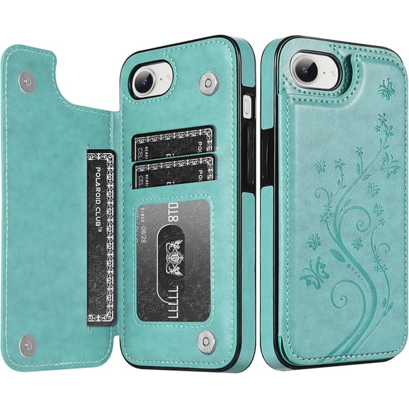 MYKOMI for iPhone 16E Wallet Case with Card Holder, Butterfly Back Flip PU Leather Kickstand Card Slots Cover for Women for iPhone 16e