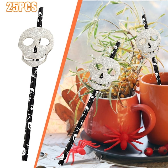 Pajitas de Papel para Fiesta de Halloween, con Estampados Festivos de Araña y Esqueleto, Material de Papel Seguro, Ideal para Bebidas y Decoración, 25 Unidades, 19,7 Cm de Largo