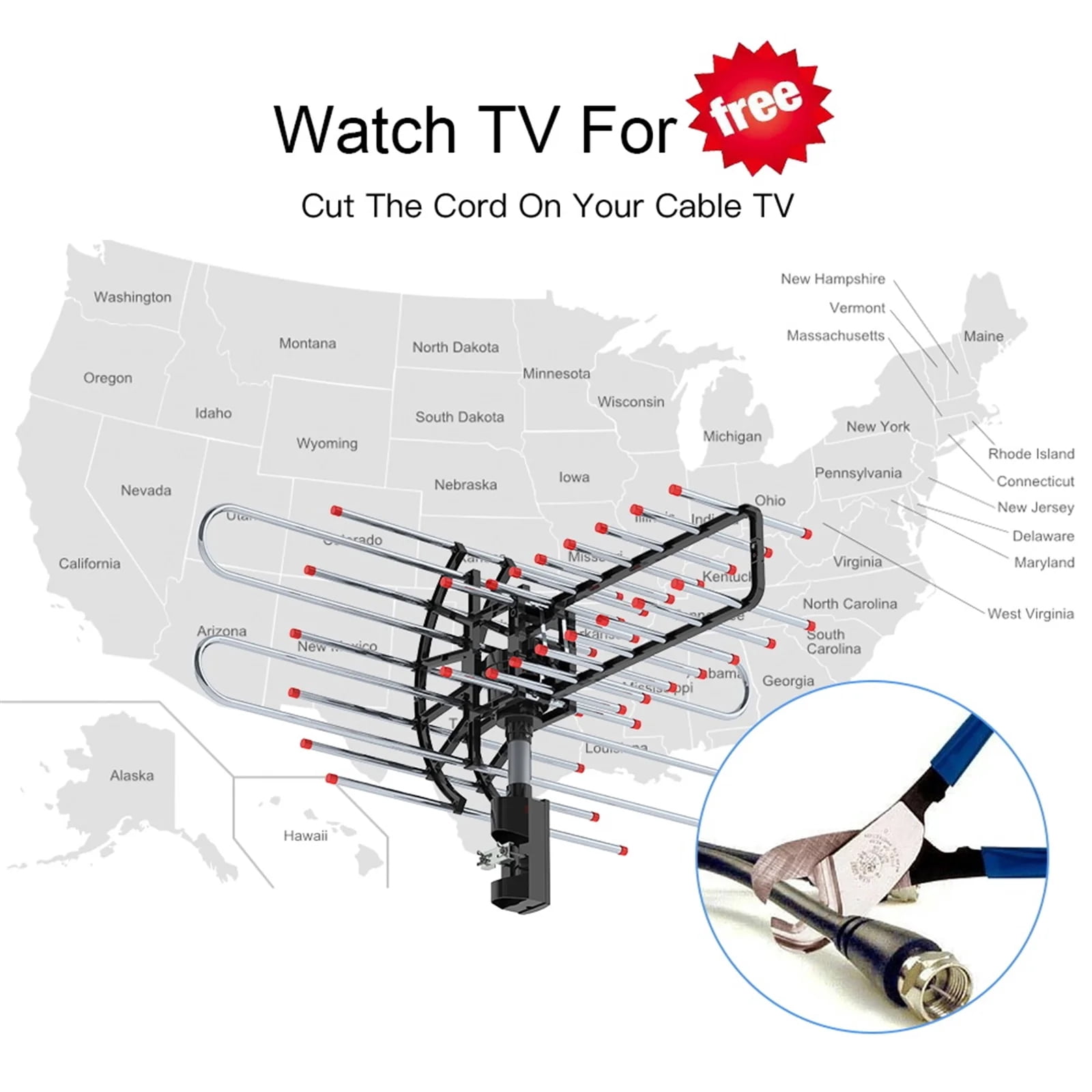Plus 360°Rotation UV Dual Frequency 45-860MHz 22-38dB 42.65ft cable Outdoor Antenna