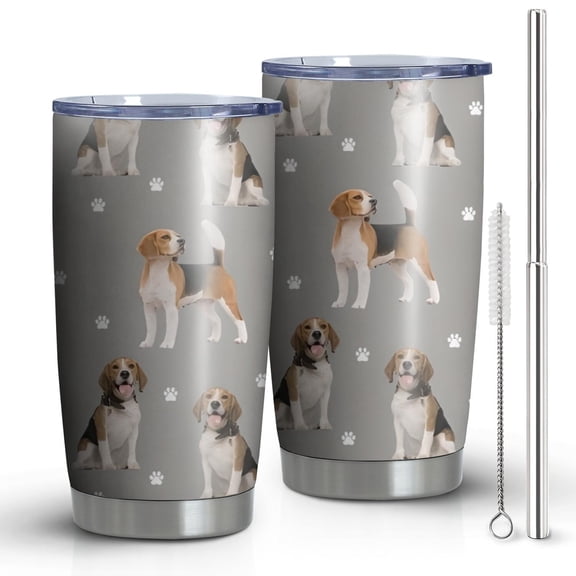 20 Oz Beagle and Dog Footprints Coffee Tumbler Double Wall Insulated Stainless Steel Water Bottle | Metal Reusable Thermoses Flask with Cup Cap | Leak & Sweat Proof with Anti-Dust Lid