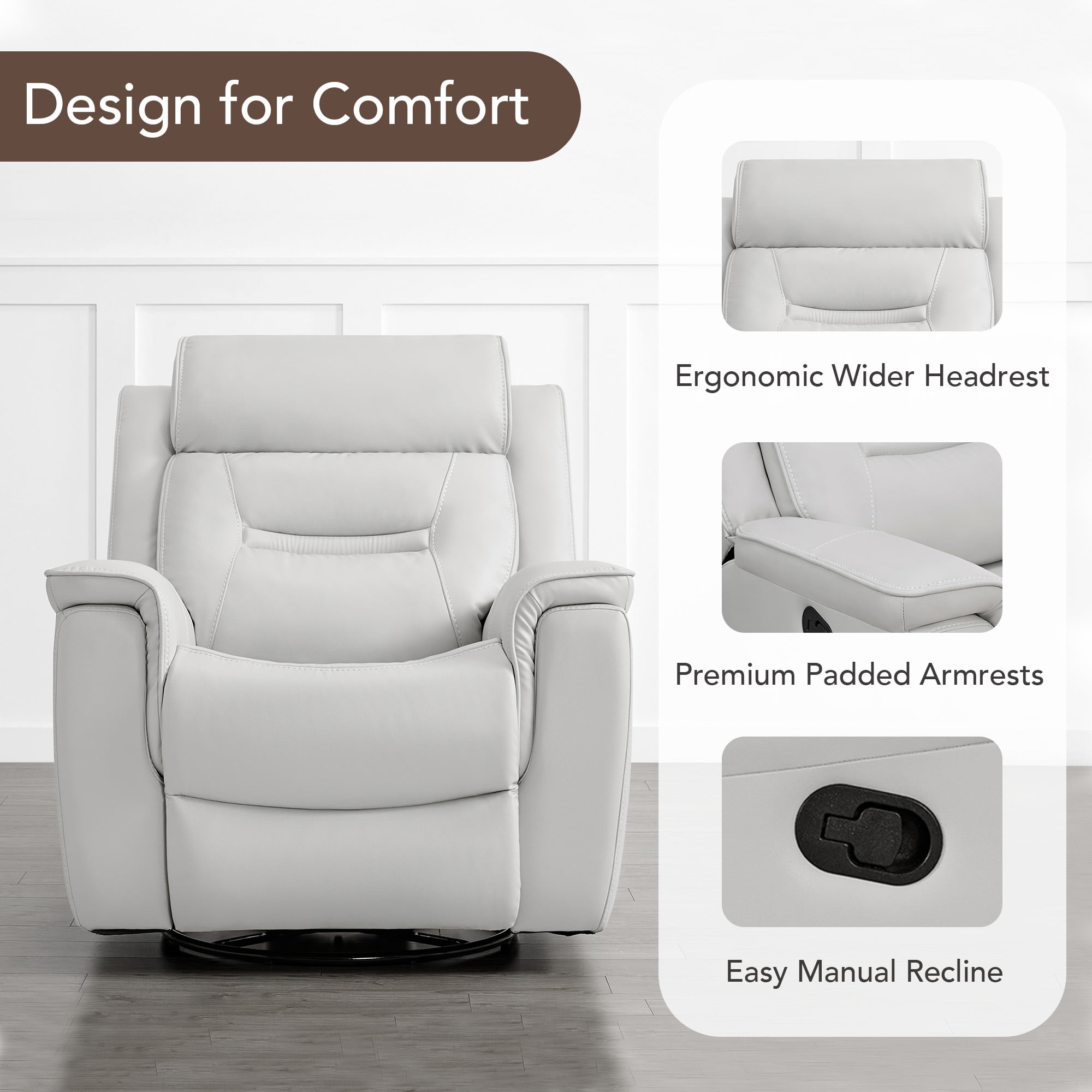 Spruce & Spring360° Swivel Manual Recliner with Glider Motion for Living Room, White