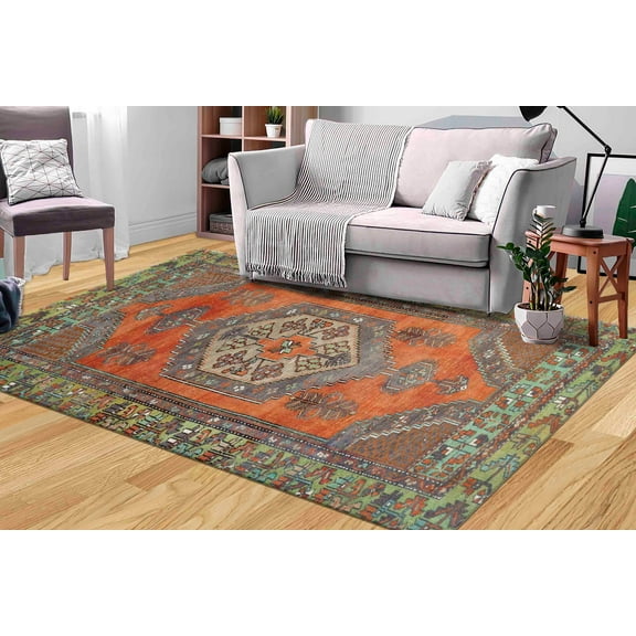 Non Slip Rugs, Orange Rugs, Oriental Rugs, Orange Rug, Rug, Easy To Clean Rugs, Office Decor Rugs, Dining Room Rugs, Large Rugs, Turkish Rug, 1.7'x2.3' - 50x70 cm