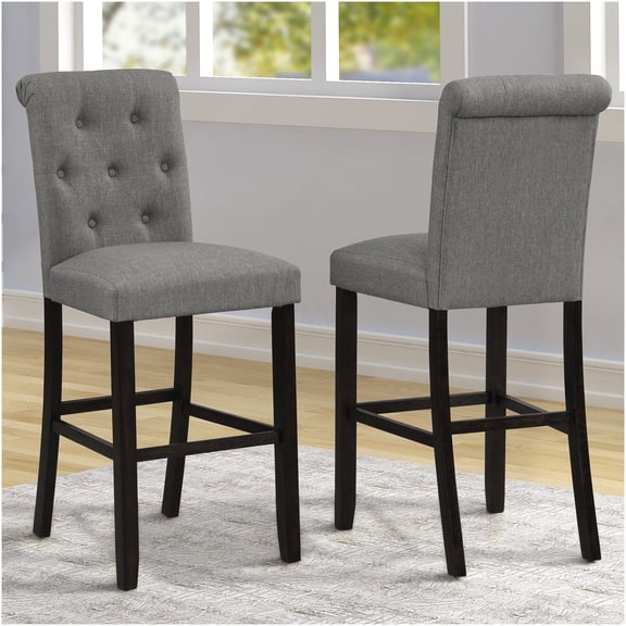 Grey Upholstered Barstools Set of 2 with Tufted Backs and Solid Wood Legs