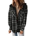 thumbnail image 1 of Womens Plaid Shacket Jacket Long Sleeve Button Down Fleece Hooded Jackets Warm Coat, 1 of 6