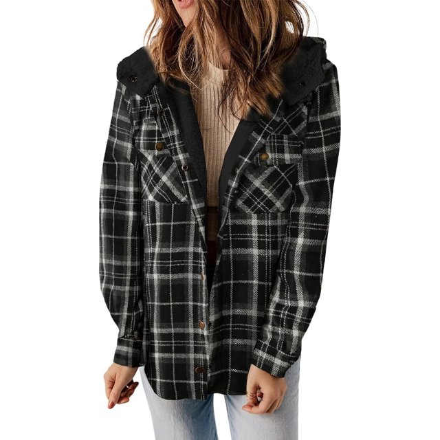 Womens Plaid Shacket Jacket Long Sleeve Button Down Fleece Hooded Jackets Warm Coat