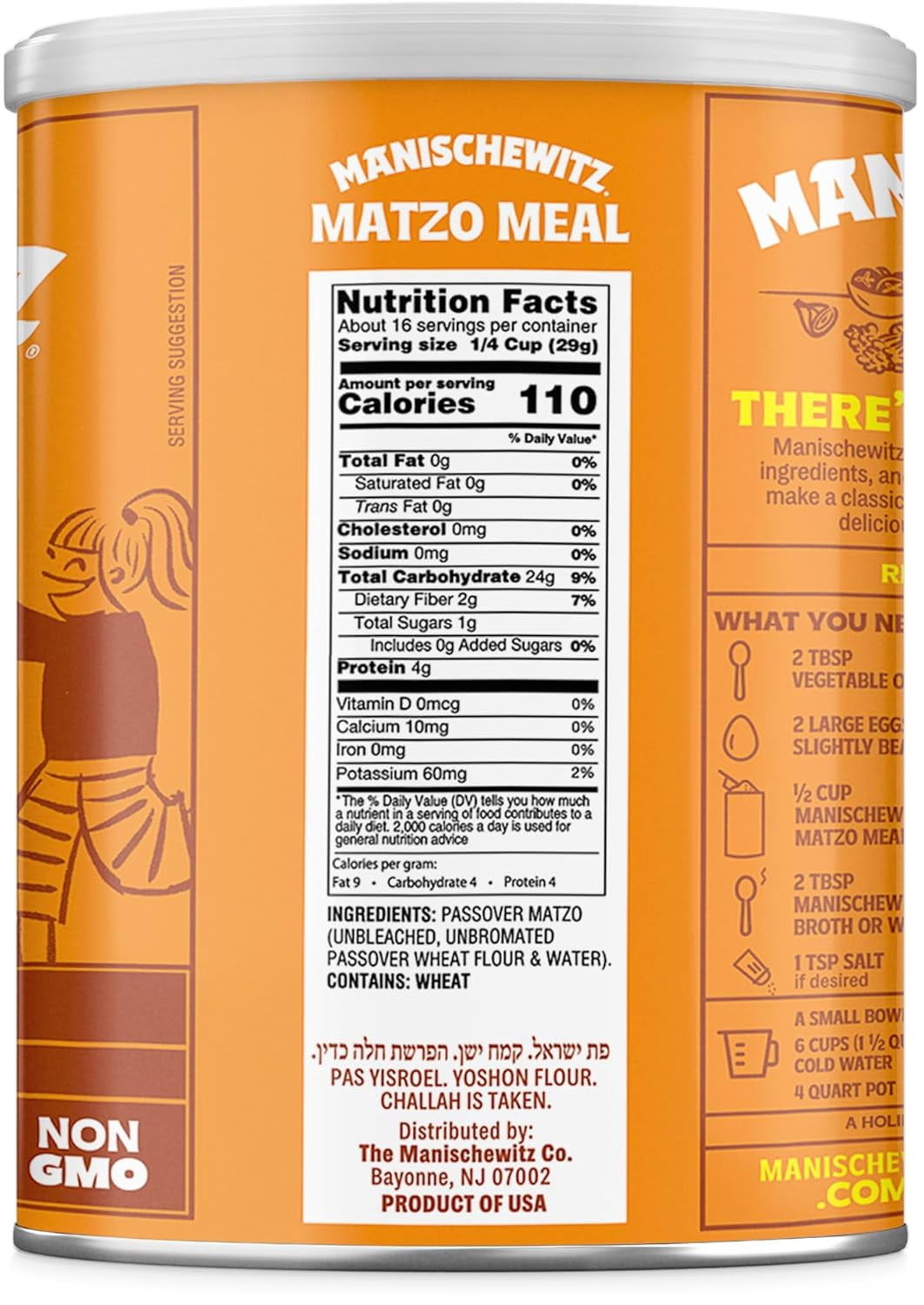 (6 pack) Manischewitz Matzo Meal, Fine Dry Meal, Kosher for Passover, 16 oz Canister