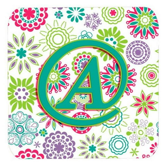 Letter A Flowers Pink Teal Green Initial Foam Coasters, Set Of 4