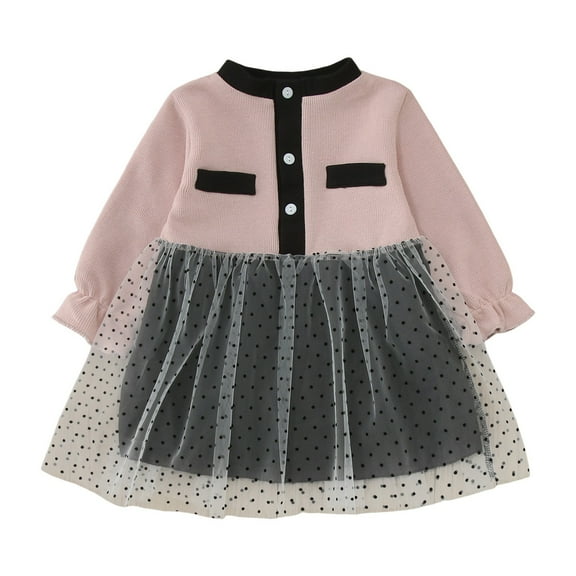 Sngxgn Girl's Long Sleeve Neck Dress Casual Flared Dresses(Pink,90)