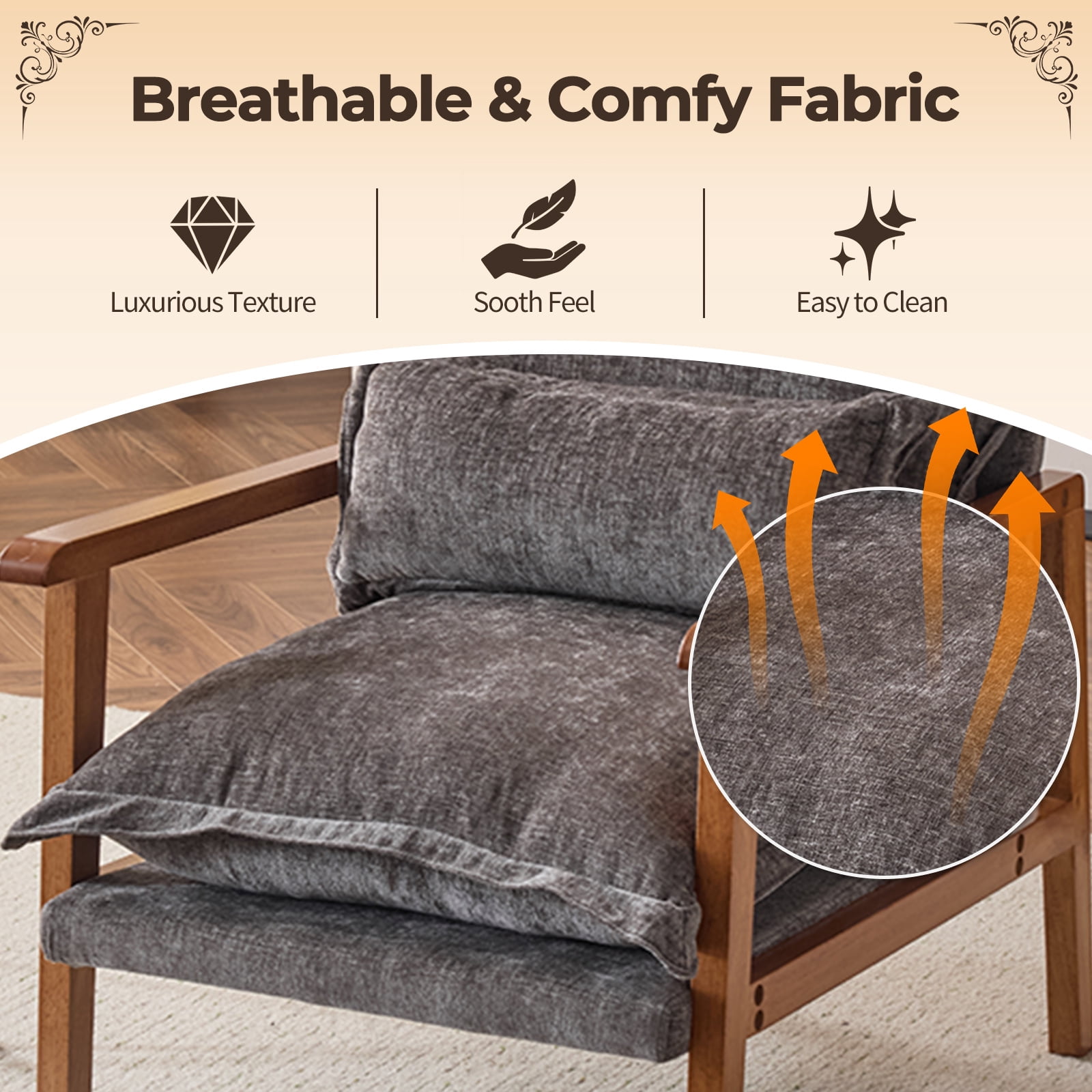 Cloud Shaped Indoor Leisure Chair with Solid Wood Armrest & Frame, Chenille Fabric Accent Chair with Lumbar Pillow, Dark Grey