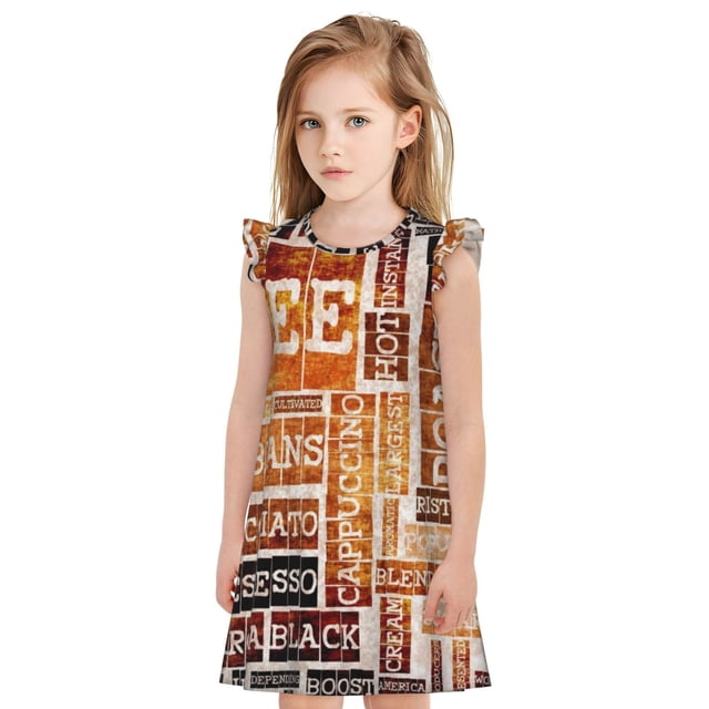 Fotbe Hand Drawn Vintage Coffee Vestido de Dormir para Niñas de 3 a 10 Años, Mangas Cortas, Estilo Princesa, Pijama Camisón con Mangas Voladas-X-Large