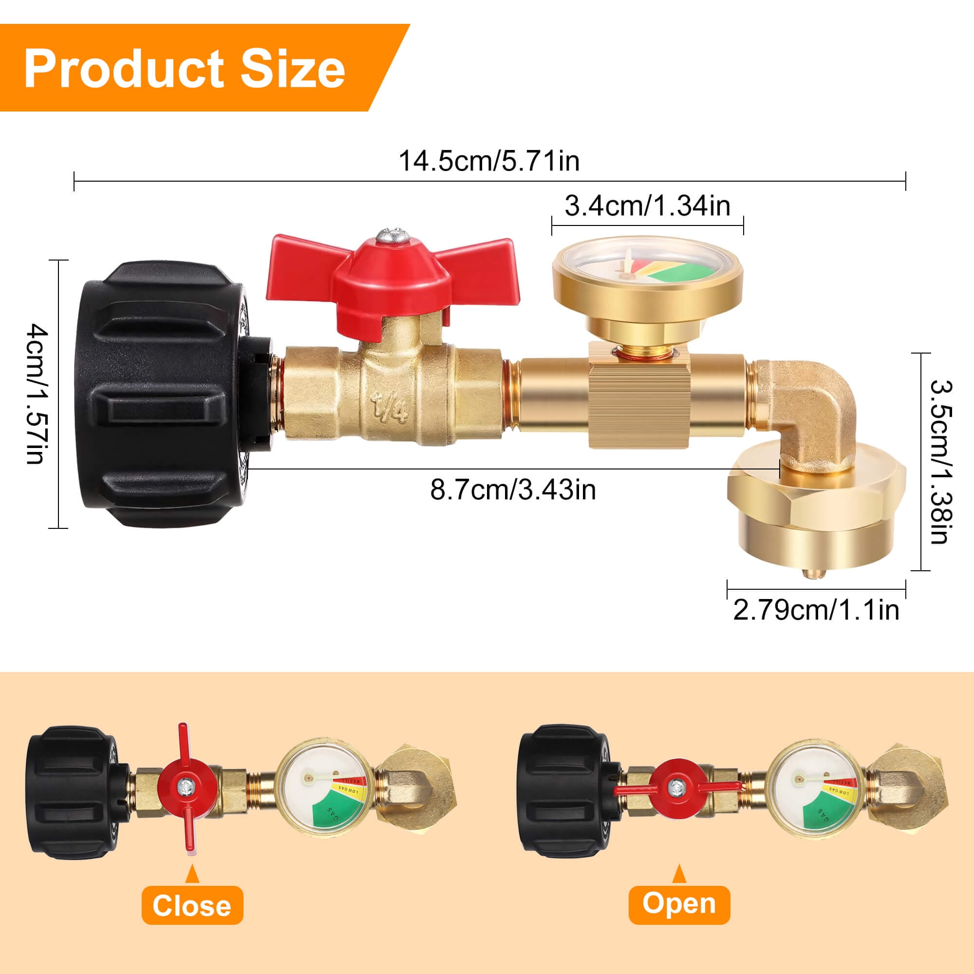Sentryse Propane Refill Adapter with Valve and Gauge, Fill 1 lb Bottles from 20 lb Tank, Solid Brass