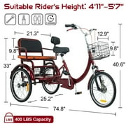 Akaber Adult Tricycle with Rear Seats, 20 3-Wheel, Front and Rear Baskets, Trike for Seniors, Red