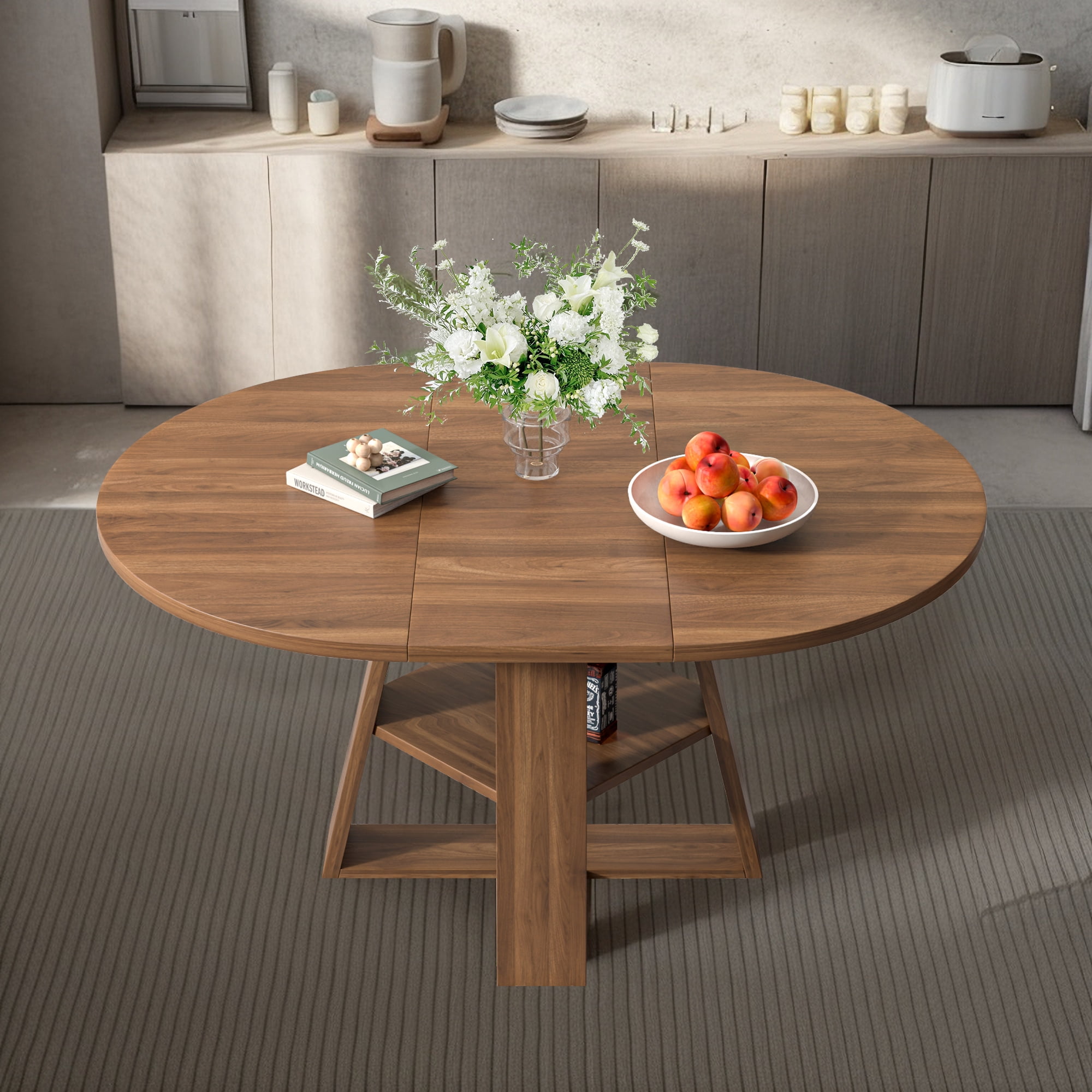 43.3''-59'' Extendable Round Dining Table for 4-8, Mid Century Modern Wooden Round Table with Removable Leaves Space Saving, for Kitchen Living Room