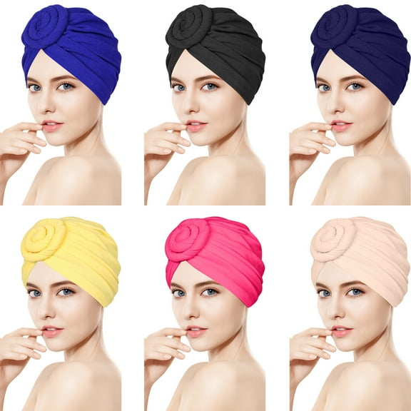 VEGCOO 6 Pack Women’s Knotted Headwraps – Soft Pre-Tied Turbans, Bohemian Style Headwear, Stretchy Beanie Caps for Hair Cover
