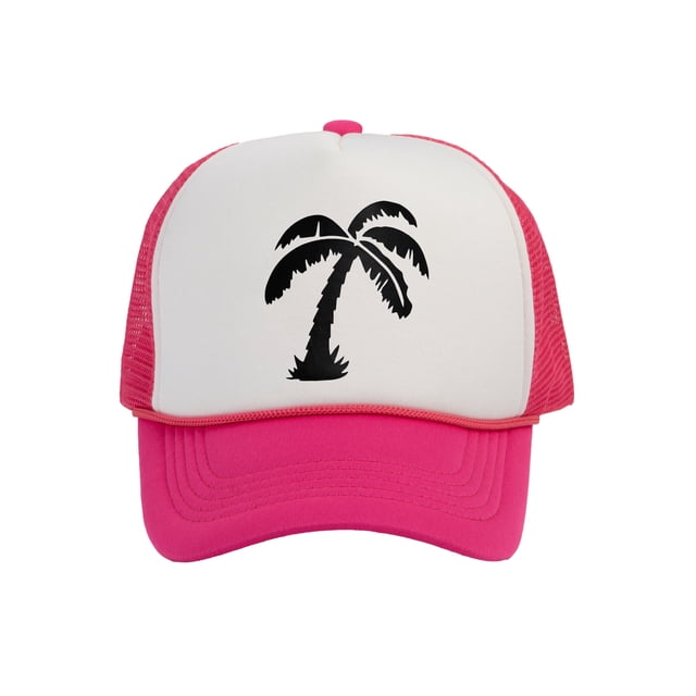 Men's Palm Tree Cap Snapback Trucker Hat, White/Hot Pink