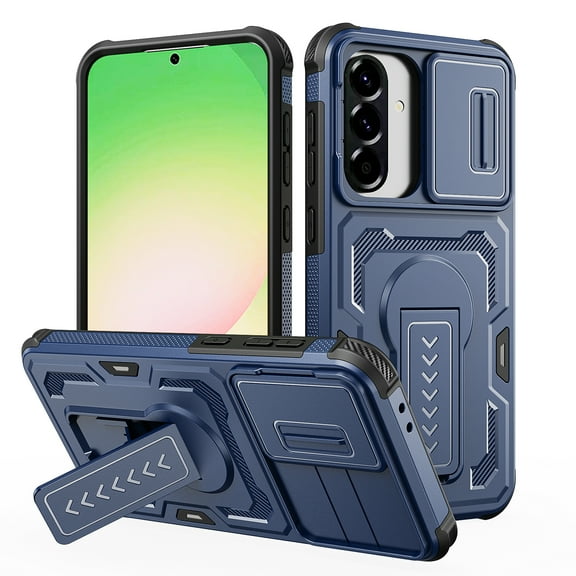 For Samsung Galaxy A36/A56 5G Phone Case,WIth Invisible Kickstand,Sliding Camera Cover,Military Grade Protective Heavy Duty Protection Shockproof Anti-Scratch Rugged Durable Phone Case,Blue