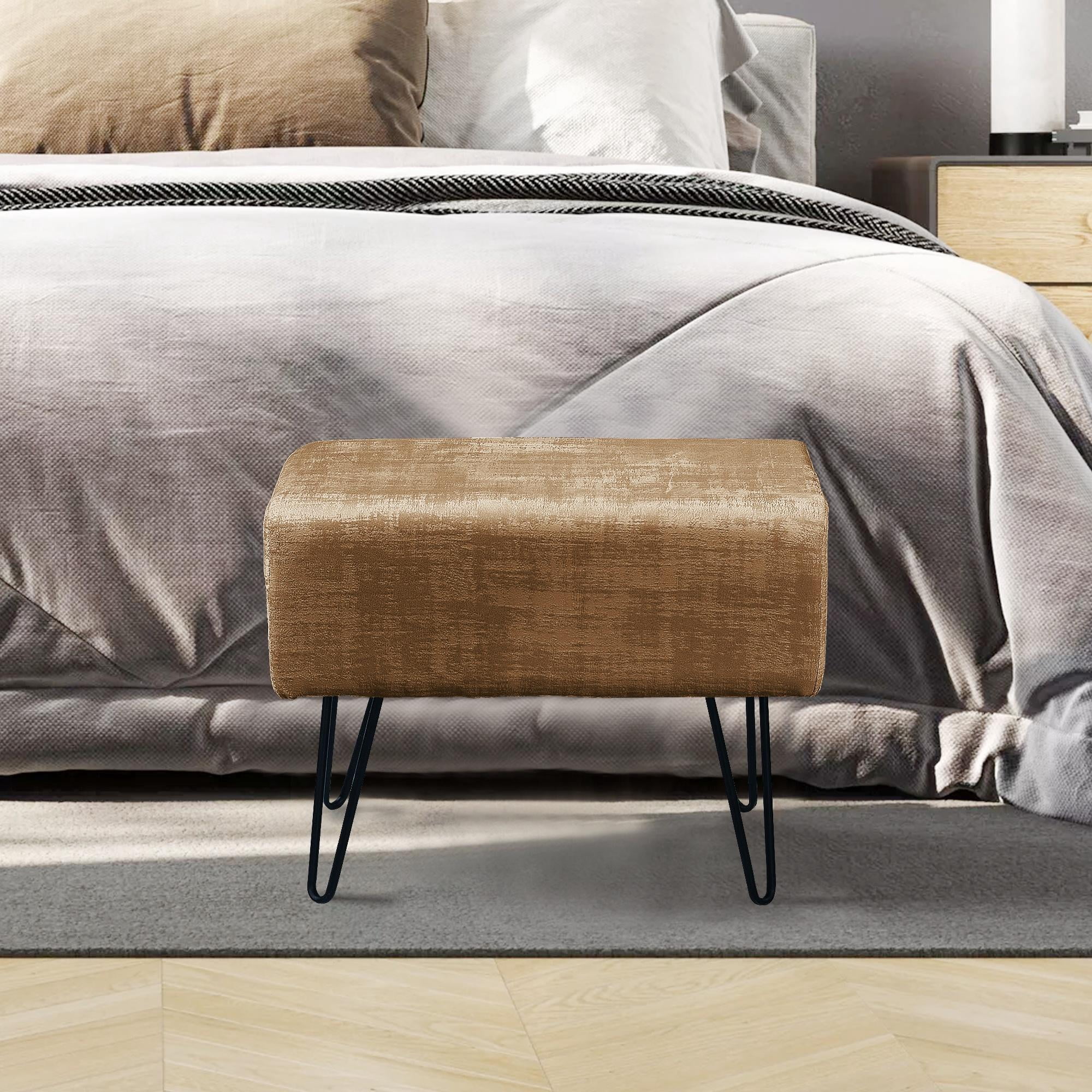 Home Soft Things Textured Velvet Ottoman Stool Chair, Upholstered Footrest with Black Metal Legs, Tobacco Brown, 19" x 13" x 17"