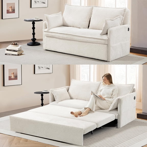 Ywen 60" Pull Out Sofa Bed - Convertible Sleeper Sofa Bed, Corduroy Pull Out Couch Bed with USB Charging, Side Pockets for Living Room, Bedroom, Small Spaces (Beige)