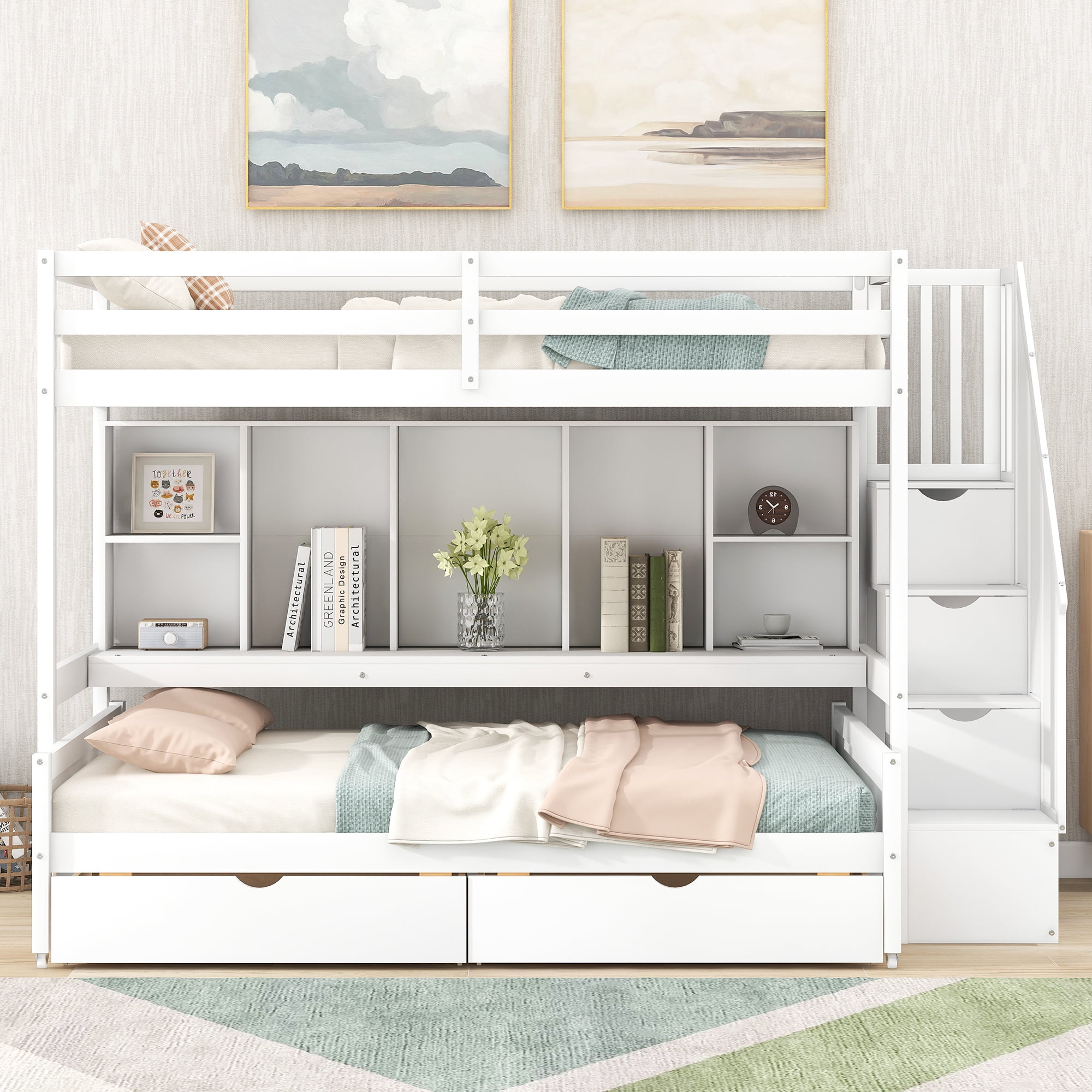 Solid Wood Twin XL over Full Bunk Bed with Two Drawers and Staircase ...