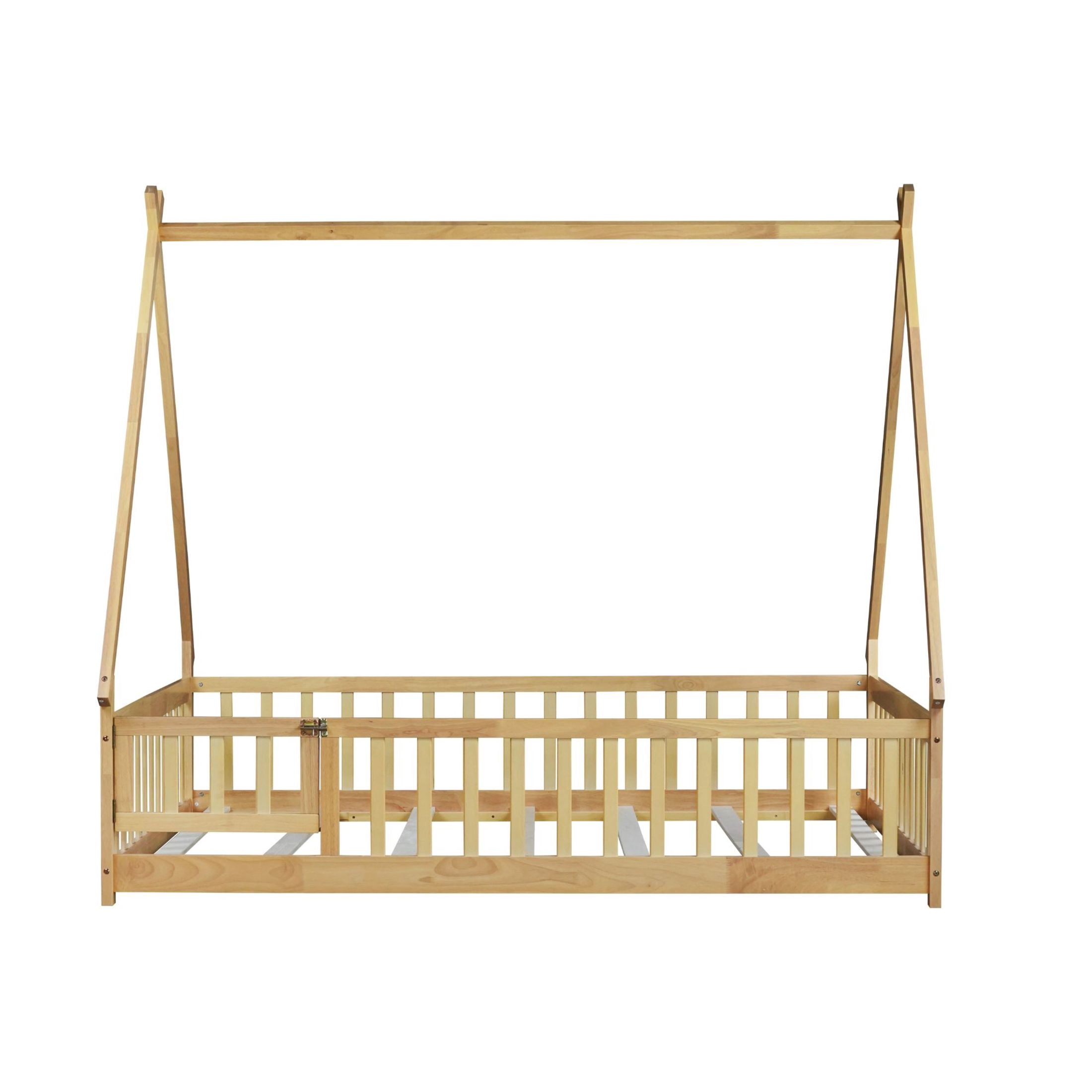 Noble House Misty Full Teepee Floor Bed with Safety Fence and Door, Solid Rubber Wood Tent Bed, Kid's Room, Natural