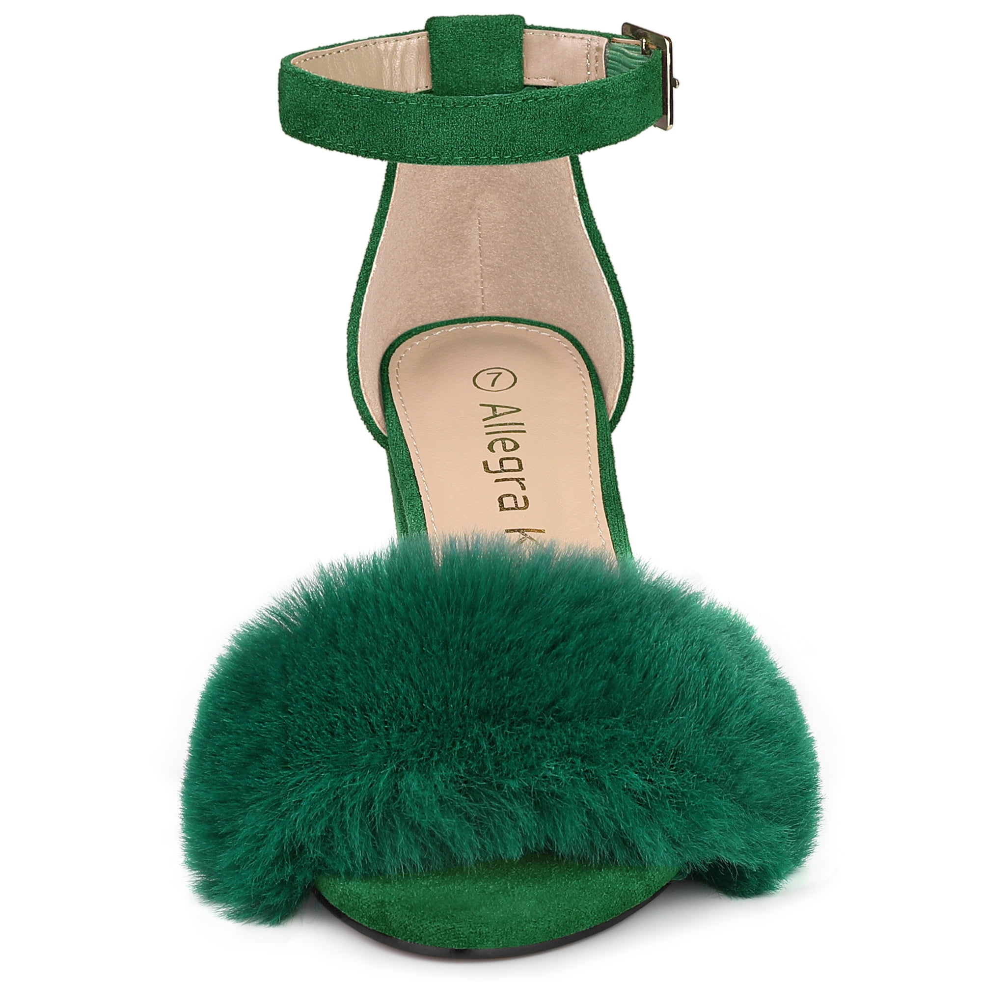 DARING DIVA Women's Ankle Strap Faux Fur Block Heels Beige Sandals for Wear Green 9