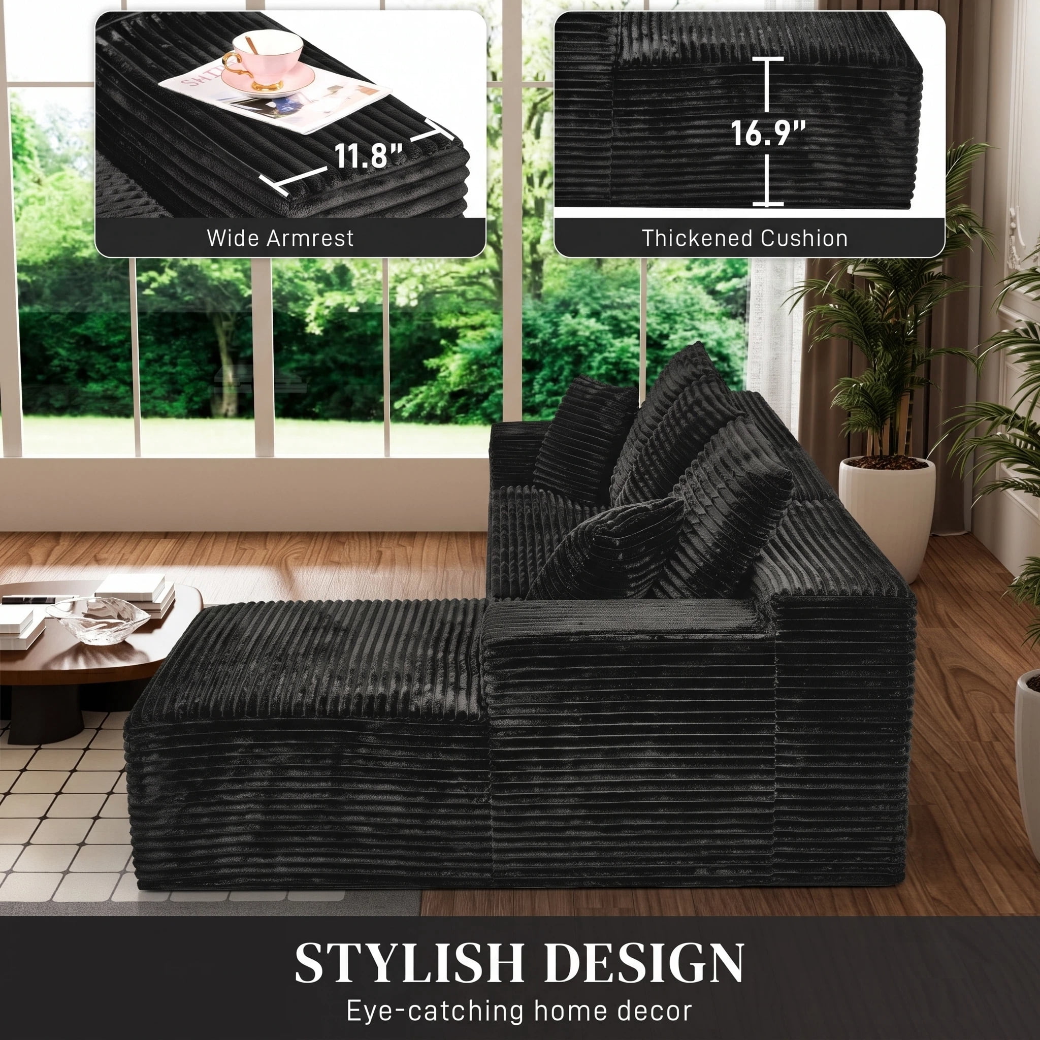 AISWORD 107.5" Corduroy Modular Sectional Sofa with Right Facing Chaise, Compressed Couch, Black