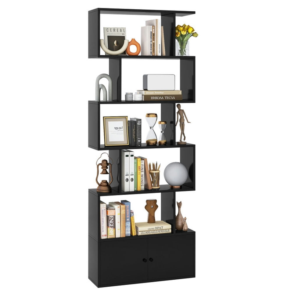Demi Bonn 6-Tier S-Shaped Freestanding Bookshelf, Bookcase with Storage Cabinet and Doors, Black